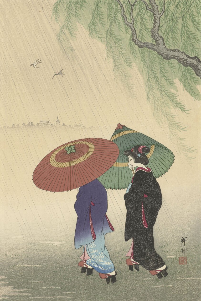 To kvinder i regnen, 1925-36 (farvetræsnit) af Ohara Koson
