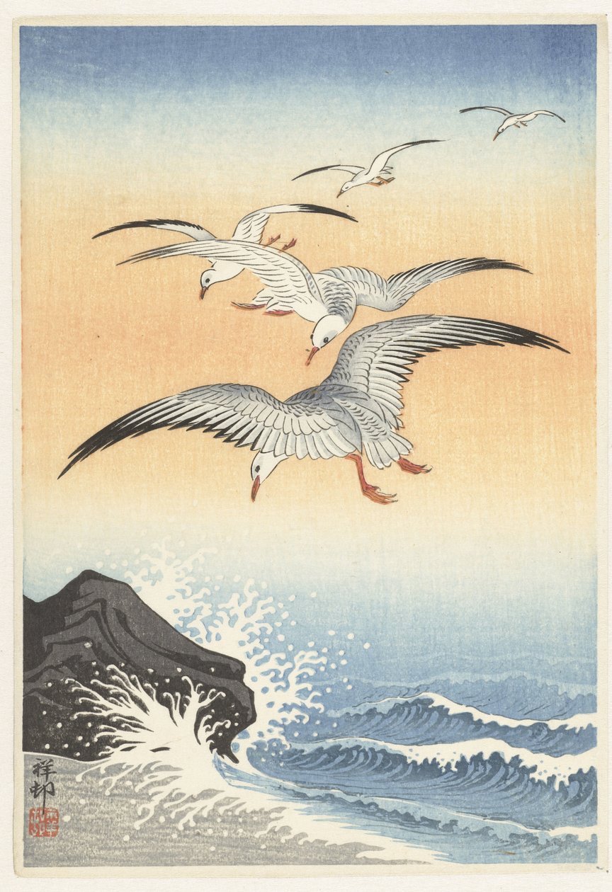 Fem måger over turbulent hav af Ohara Koson