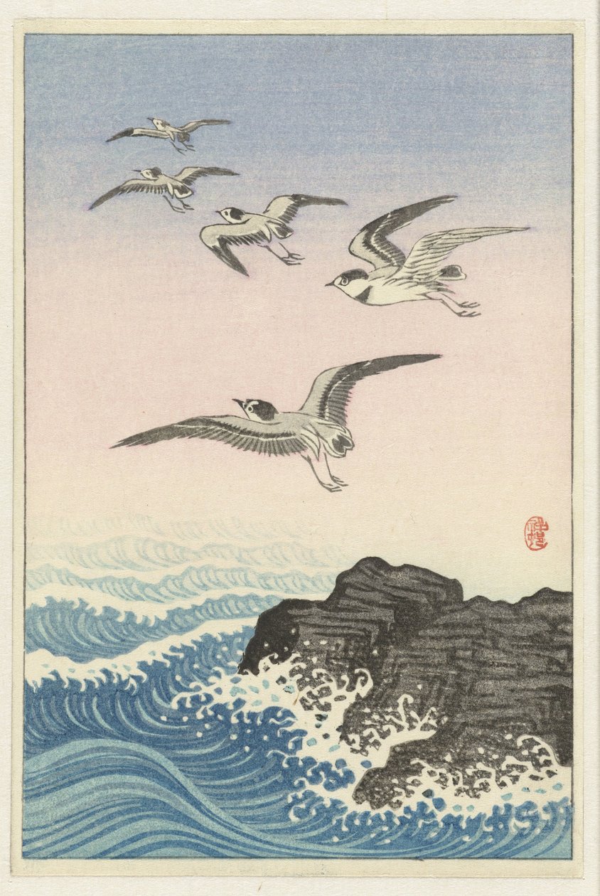 Fem måger over en sten i havet af Ohara Koson