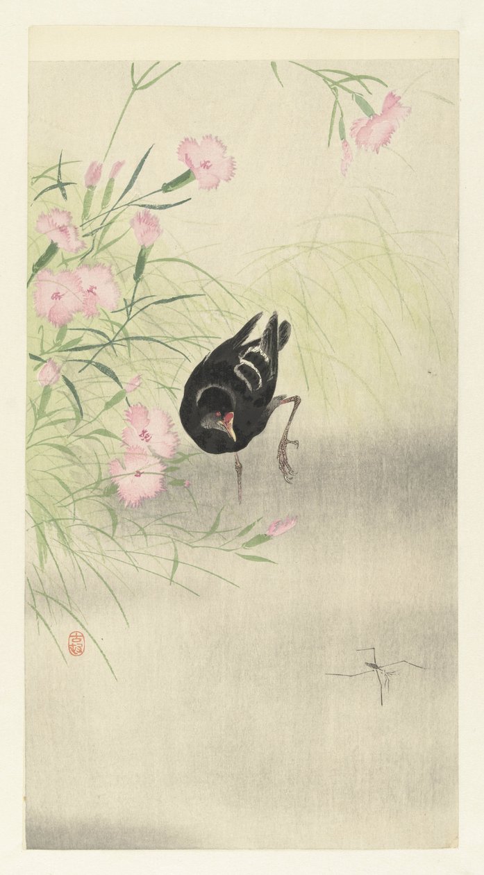 Morhøne ved blomstrende plante af Ohara Koson