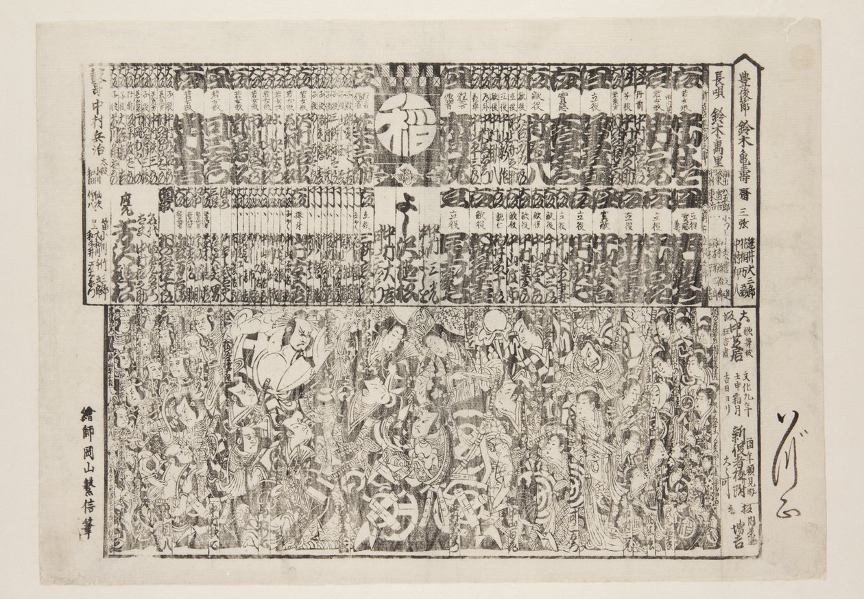 Playbill for sæsonåbningsprogram (Kaomise banzuke) (træblok i farver) af Okayama Shigenobu