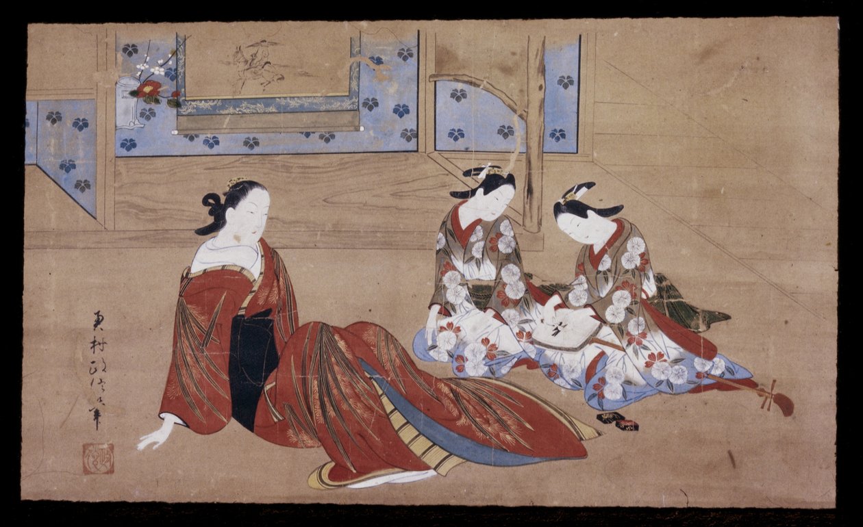 Nikuhitsu ukiyo-e: Kurtisane og to ledsagere, ca. 1735 (blæk, farve og gofun på papir) af Okumura Masanobu