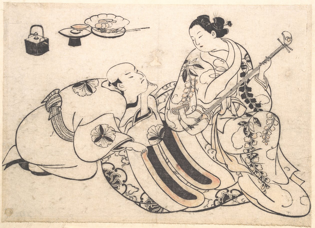 En knælende mand, der bøjer sig frem og lytter til en oiran, som spiller shamisen af Okumura Masanobu
