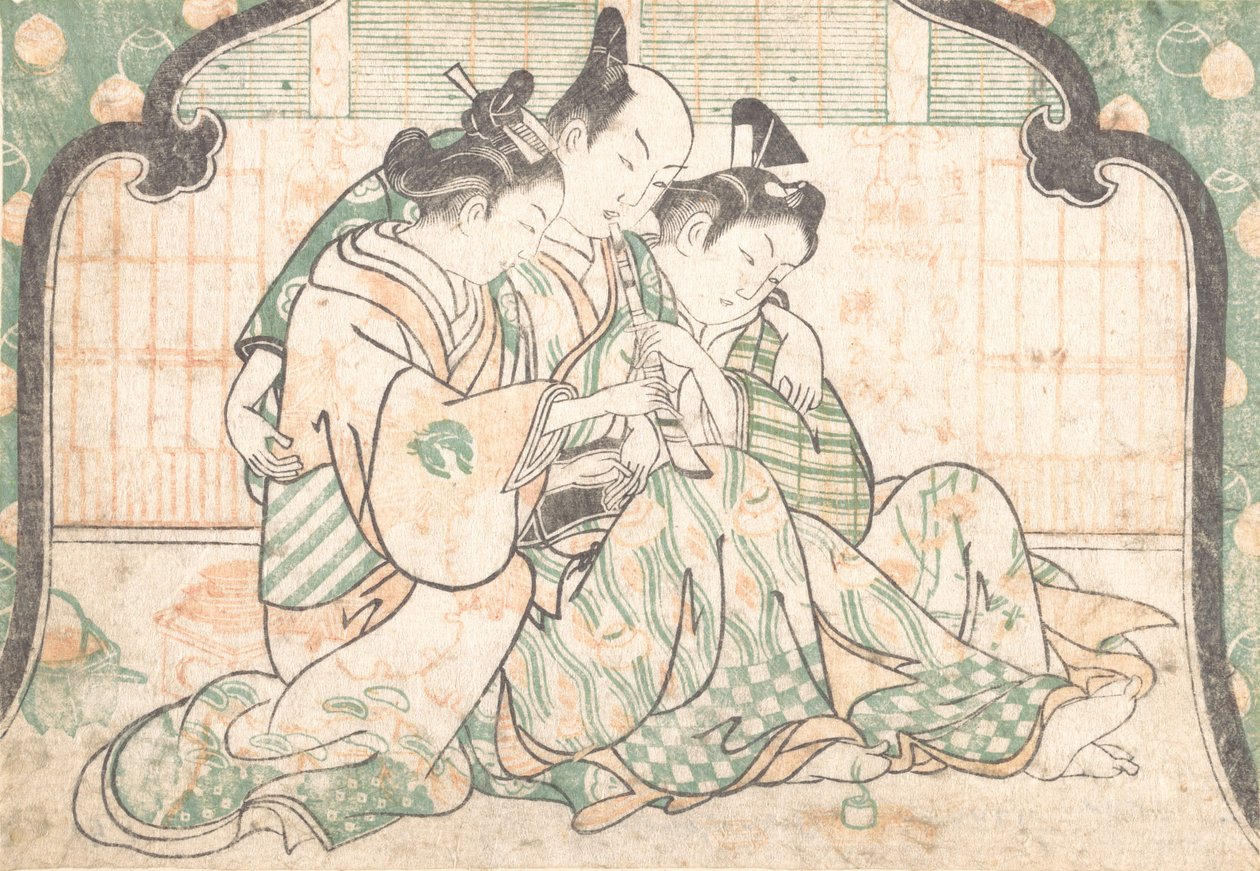 En ung mand siddende mellem to kvinder, ca. 1749., ca. 1749. af Okumura Masanobu