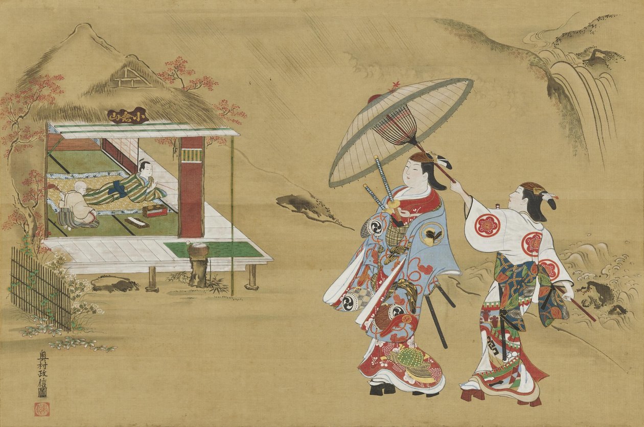 Hentydning til Fujiwara no Teikas hytte på Ogura-bjerget af Okumura Masanobu