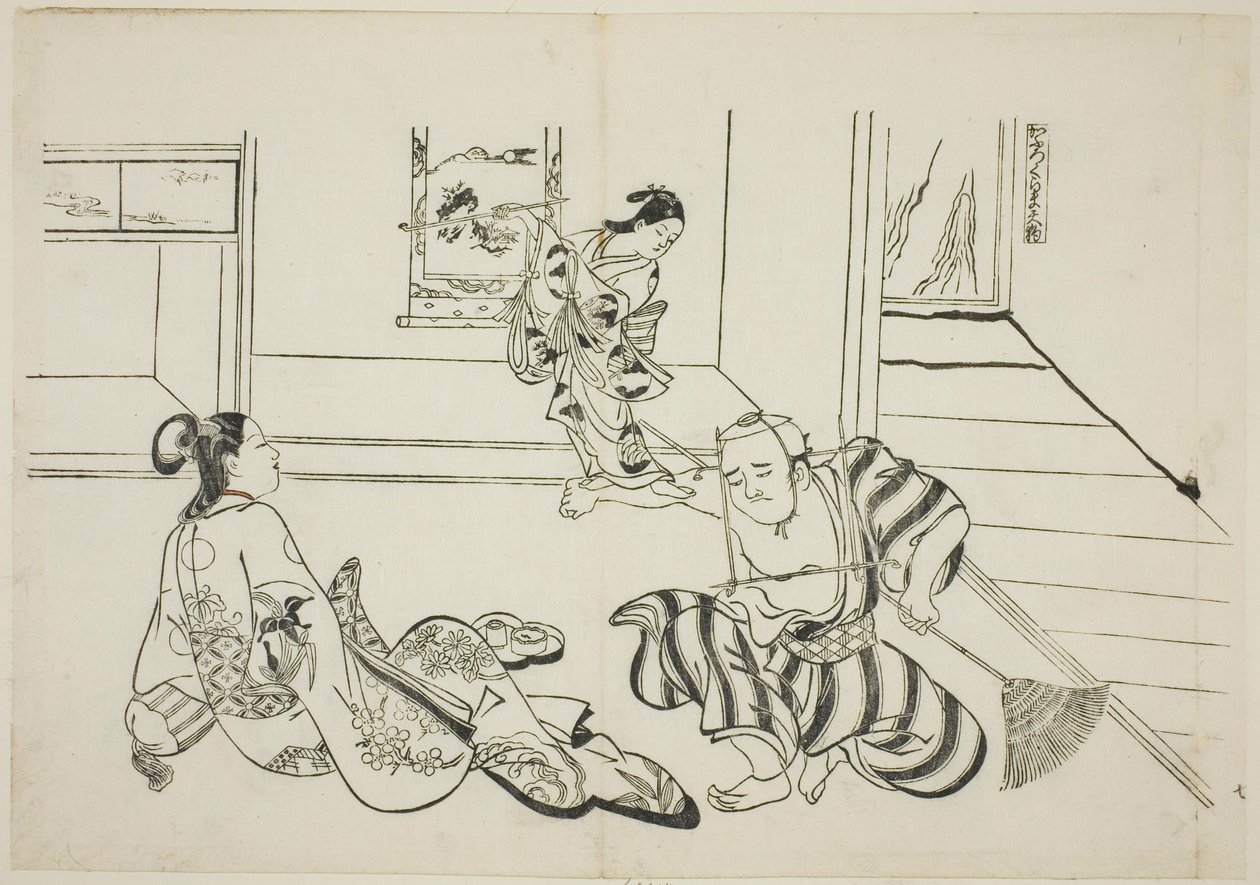 Børnepasser og skaldet Tengu fra Kurama-bjerget (Kaburo Kurama Tengu), nr. 7 fra en serie på 12 tryk, der skildrer parodier på skuespil af Okumura Masanobu