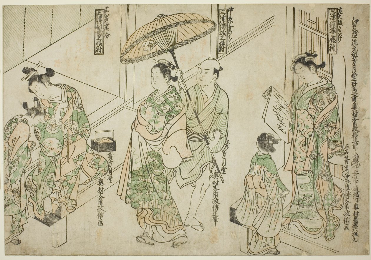 Kurtisaner tegnet i Osaka-stil (til højre), Kyoto-stil (i midten) og Edo-stil (til venstre), fra "Courtesans of the Three Capitals: A Set of Three (Sanga no tsu keisei sanpukutsui)" af Okumura Masanobu