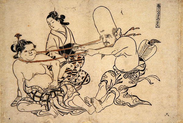 Fukuro Jin forsøger at løfte spil (træbloktryk) af Okumura Masanobu
