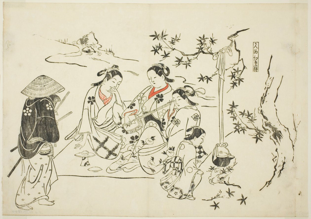 Heating Sake with Maple Leaves (Kanzake momijigari), nr. 9 fra en serie på 12 tryk, der viser parodier på skuespil af Okumura Masanobu