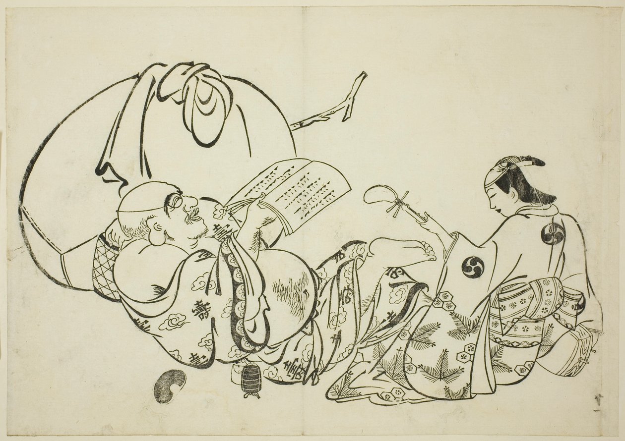 Hotei læser en bog, nr. 11 fra en serie på 12 tryk af Okumura Masanobu