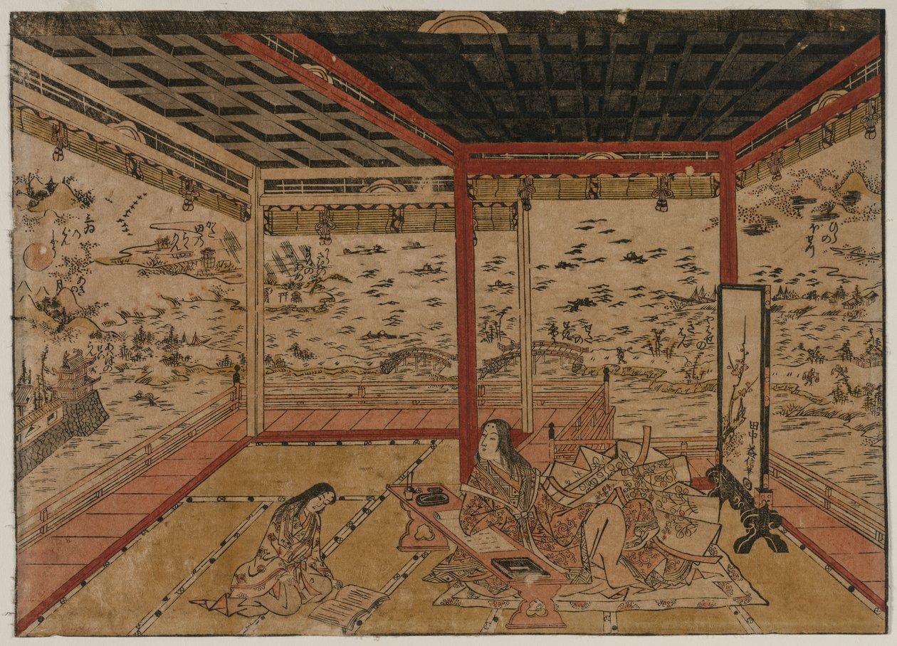 Lady Murasaki ved Ishiyama med udsigt over et panorama med syv udsigter over Biwa-søen, 1740
