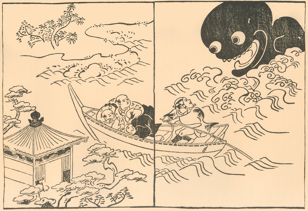 Mænd i en båd truet af et søuhyre, begyndelsen af midten af det 18. århundrede, 1924. af Okumura Masanobu