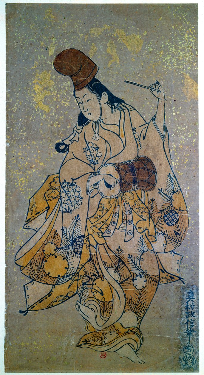 Musiker. Kvinde spiller på tromme. Japansk tryk af Okumura Masanobu (1686-1764) af Okumura Masanobu