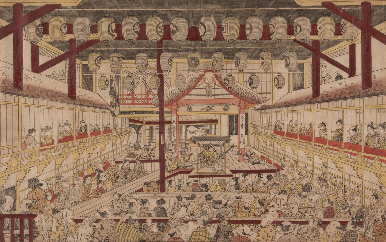 Perspektiv udsigt over det indre af Nakamura Theatre med Ichikawa Ebizo II som Yanone Goro af Okumura Masanobu