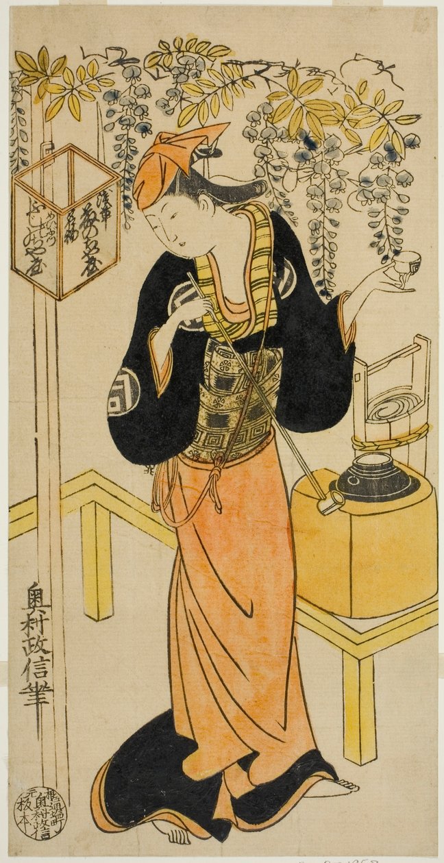 Skuespilleren Sanogawa Mangiku I som Ohatsu i stykket "Sogazaki Shinju," opført på Nakamura Theatre i den fjerde måned, 1719 af Okumura Masanobu