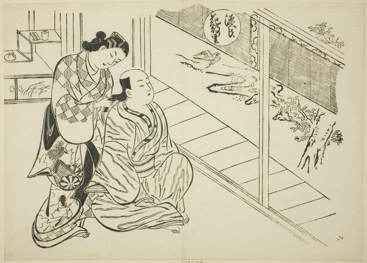 The Hanachirusato Chapter fra "The Tale of Genji" (Genji Hanachirusato), fra en række Genji-parodier af Okumura Masanobu