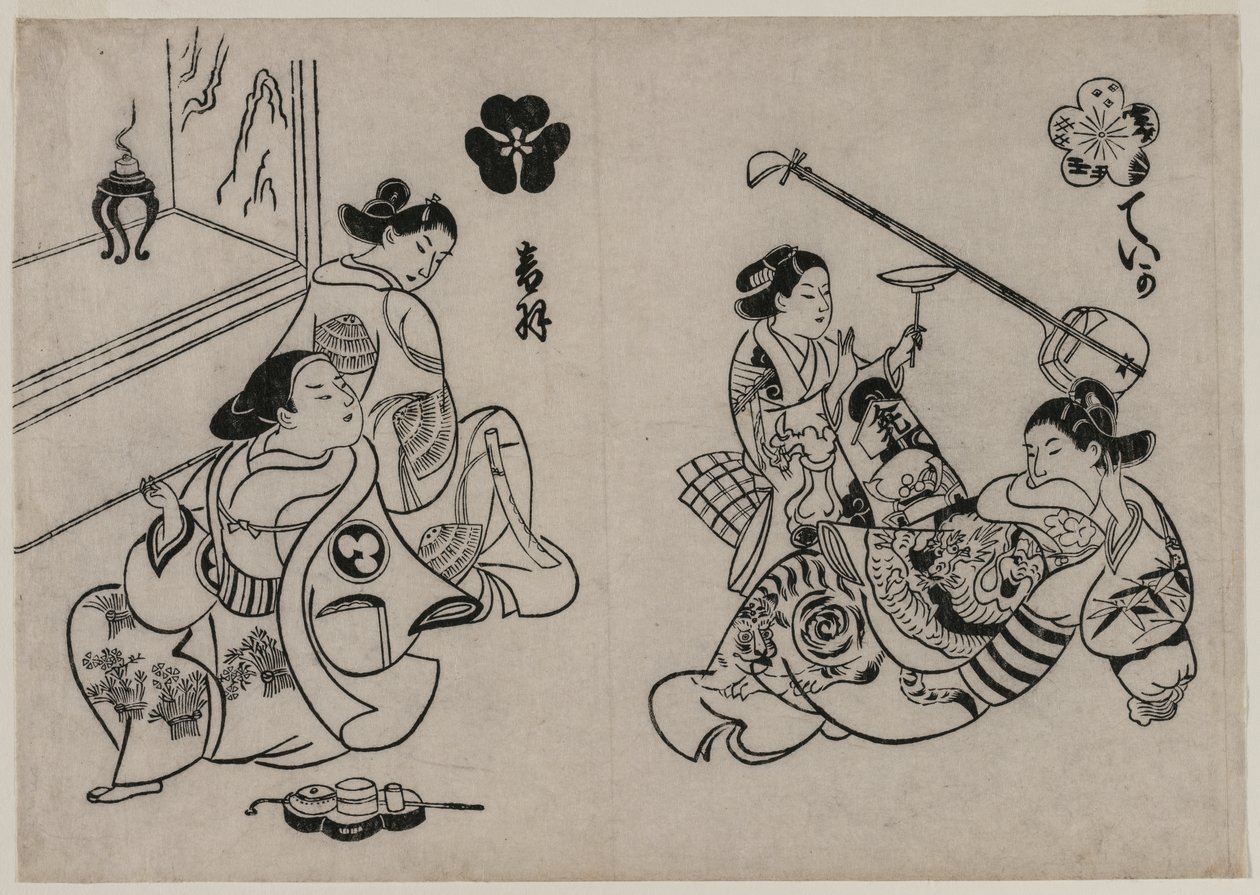 Tre kurtisaner med en klient af Okumura Masanobu