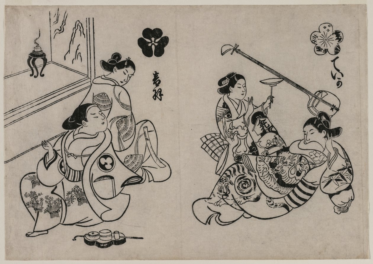 Tre kurtisaner med en klient. af Okumura Masanobu