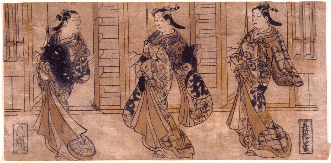 Uden titel: 3 kurtisaner på vej af Okumura Masanobu