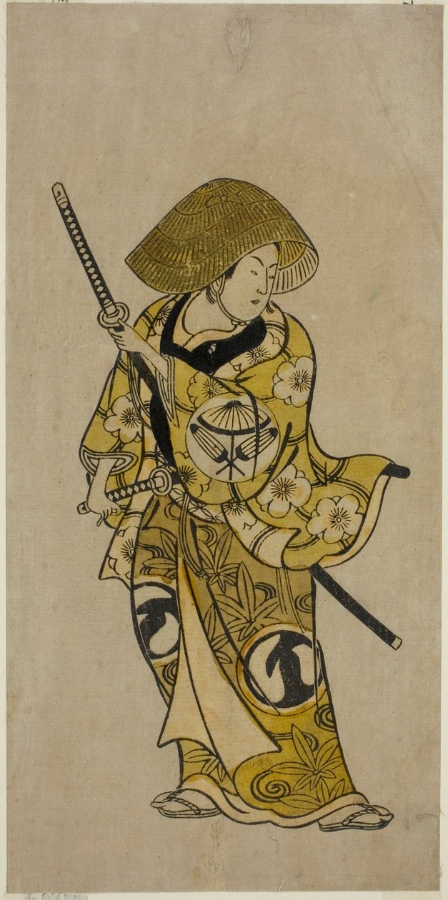 Skuespilleren Sawamura Kamesaburo som Nagoya Kosanza i stykket "Keisei Fukubiki Nagoya," opført på Nakamura Theatre i den første måned, 1731 af Okumura Toshinobu