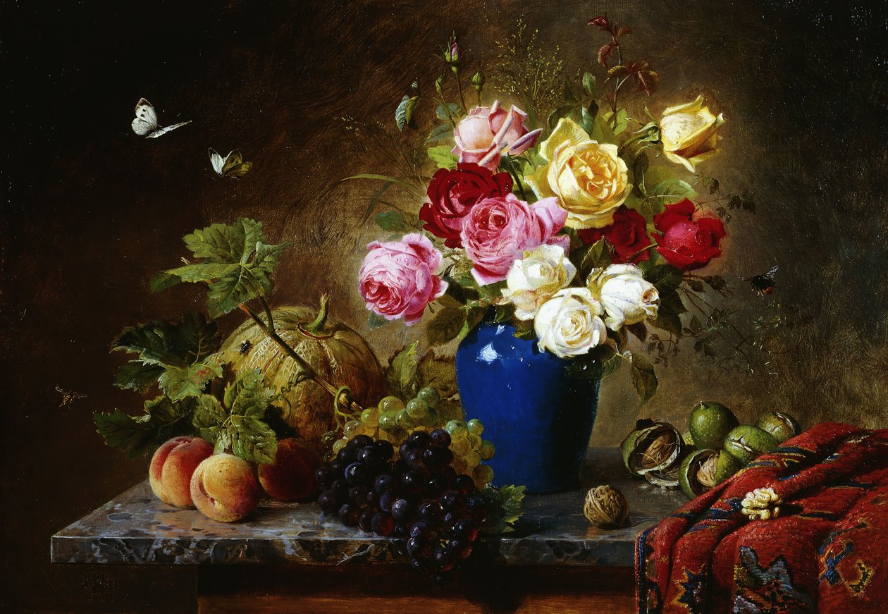 Roser i en vase, ferskner, nødder og en melon på en marmorkant, 1891 af Olaf August Hermansen