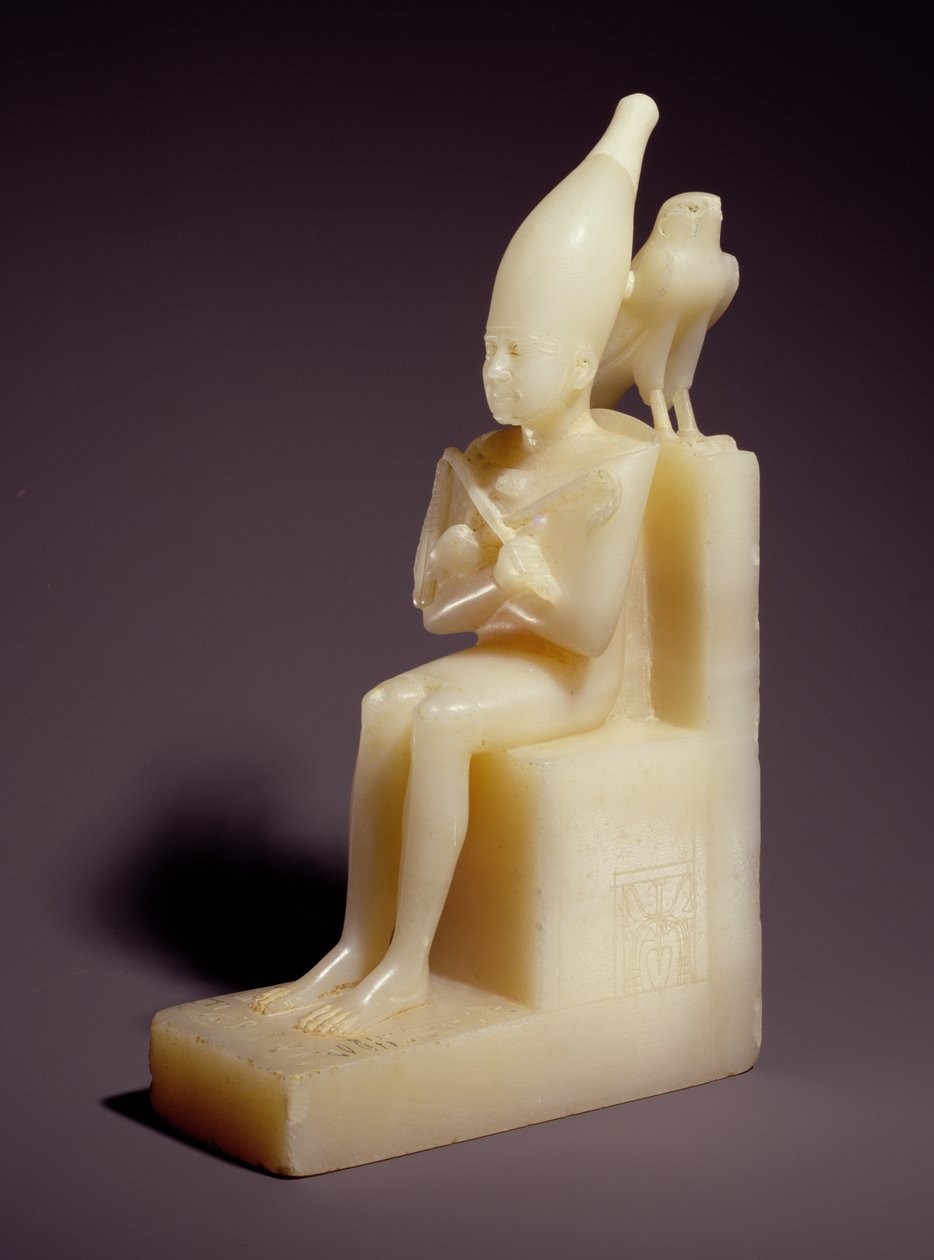 Lille siddende statuette af Pepi I (2289-2255 f.Kr.) med Horus Falcon (alabaster) af Old Kingdom Egyptian