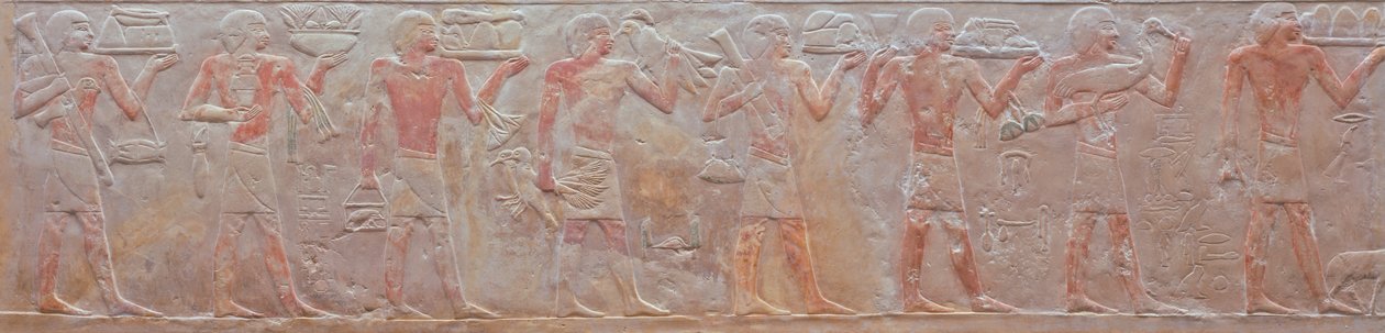 Relief af en procession af offerbærere fra Ny-Ank-Nesuts grav, 2575-2134 f.Kr. (malet kalksten) af Old Kingdom Egyptian