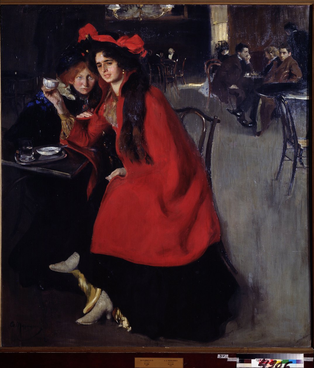 På en cafe (på en café). Scene på en cafe sandsynligvis i Paris. Maleri af Alexander Alexandrovich Murashko (Alexander Murashko) (1875-1919), olie på lærred af Oleksandr Murashko