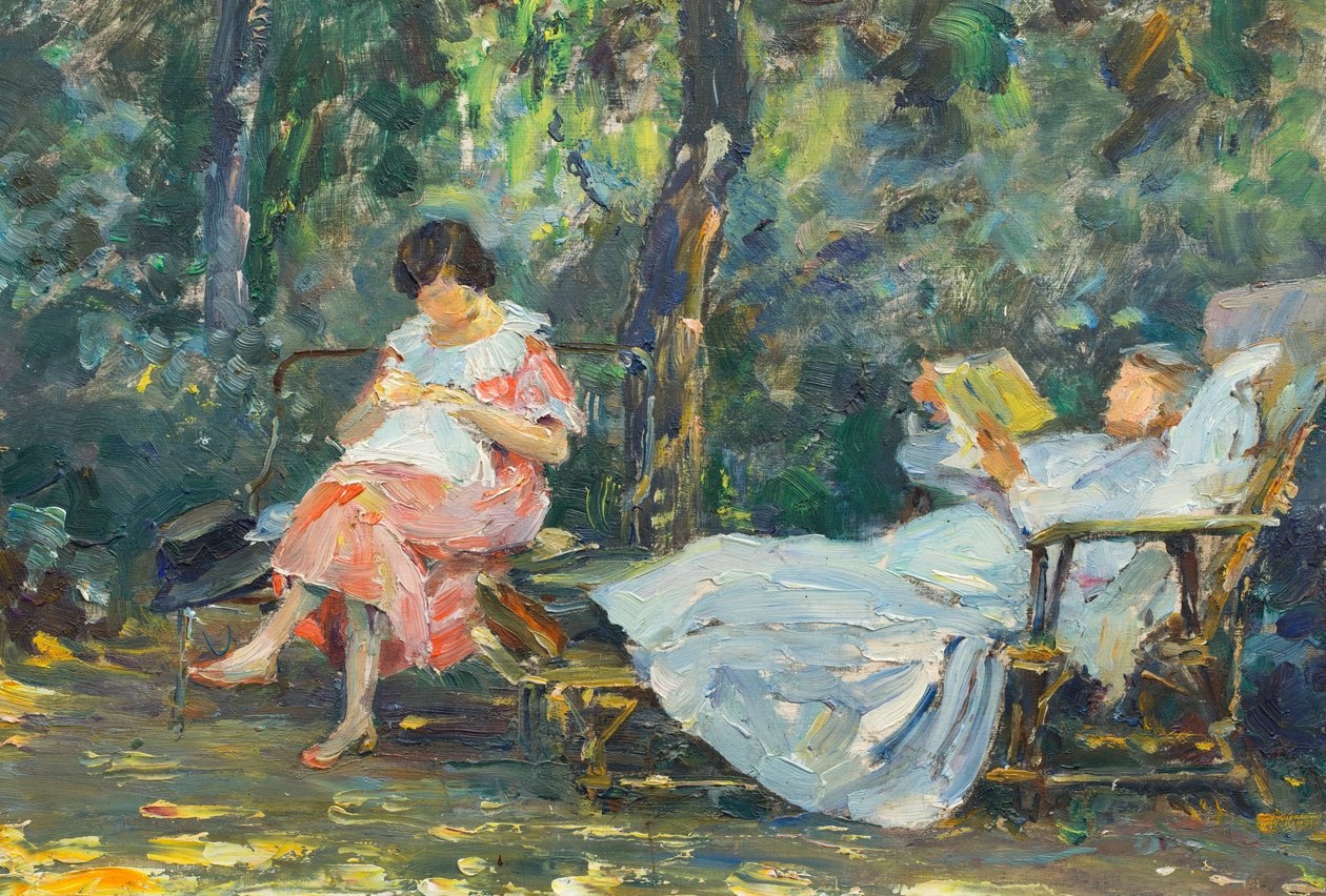 Læsning og strikning i haven (olie på panel) af Olga (1881 1941) Slomszynska