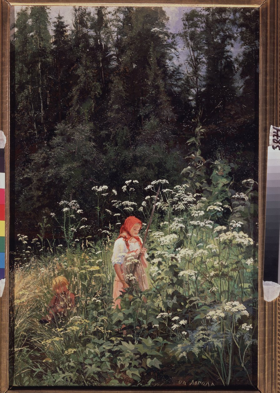 Pige foran en græstot (Girl at a Tuft of Grass). Maleri af Olga Antonovna Lagoda Shishkina (1850-1881), olie på lærred af Olga Antonova Lagoda Shishkina