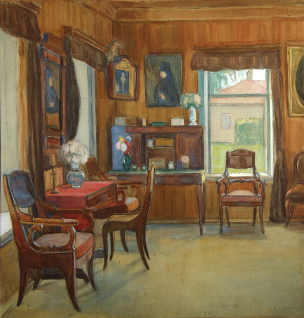 Interiør i huset i Chegodayevo Village, 1900-tallet af Olga Nikolayevna Korovina