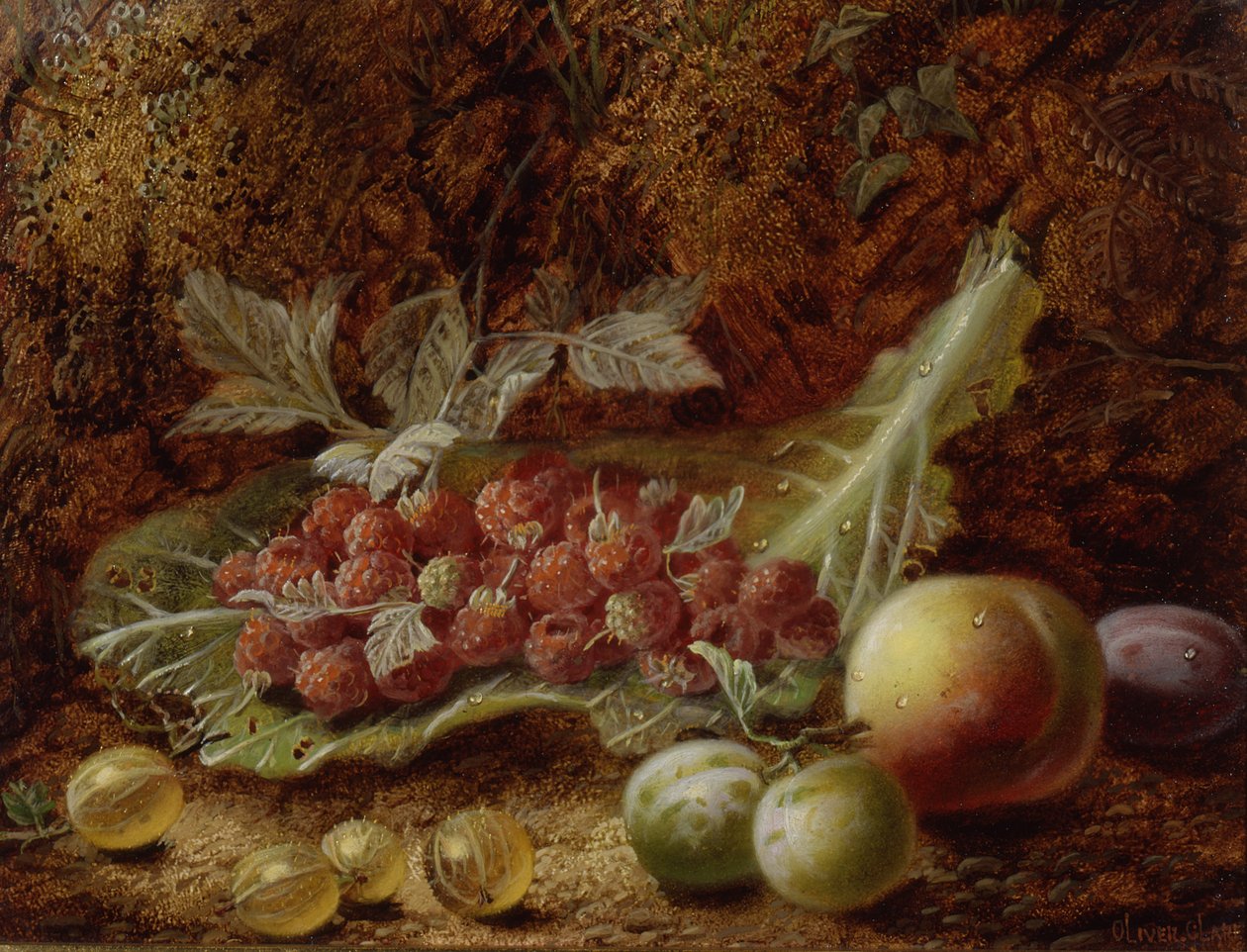 Stilleben af hindbær, stikkelsbær, fersken og blommer på en mosbegroet bred af Oliver Clare