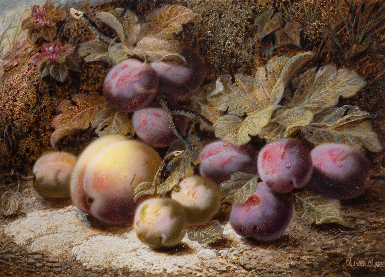Stilleben med fersken og blommer, 1916. af Oliver Clare