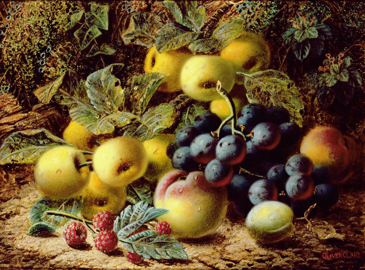 Stilleben med æbler, blommer, vindruer og hindbær af Oliver Clare