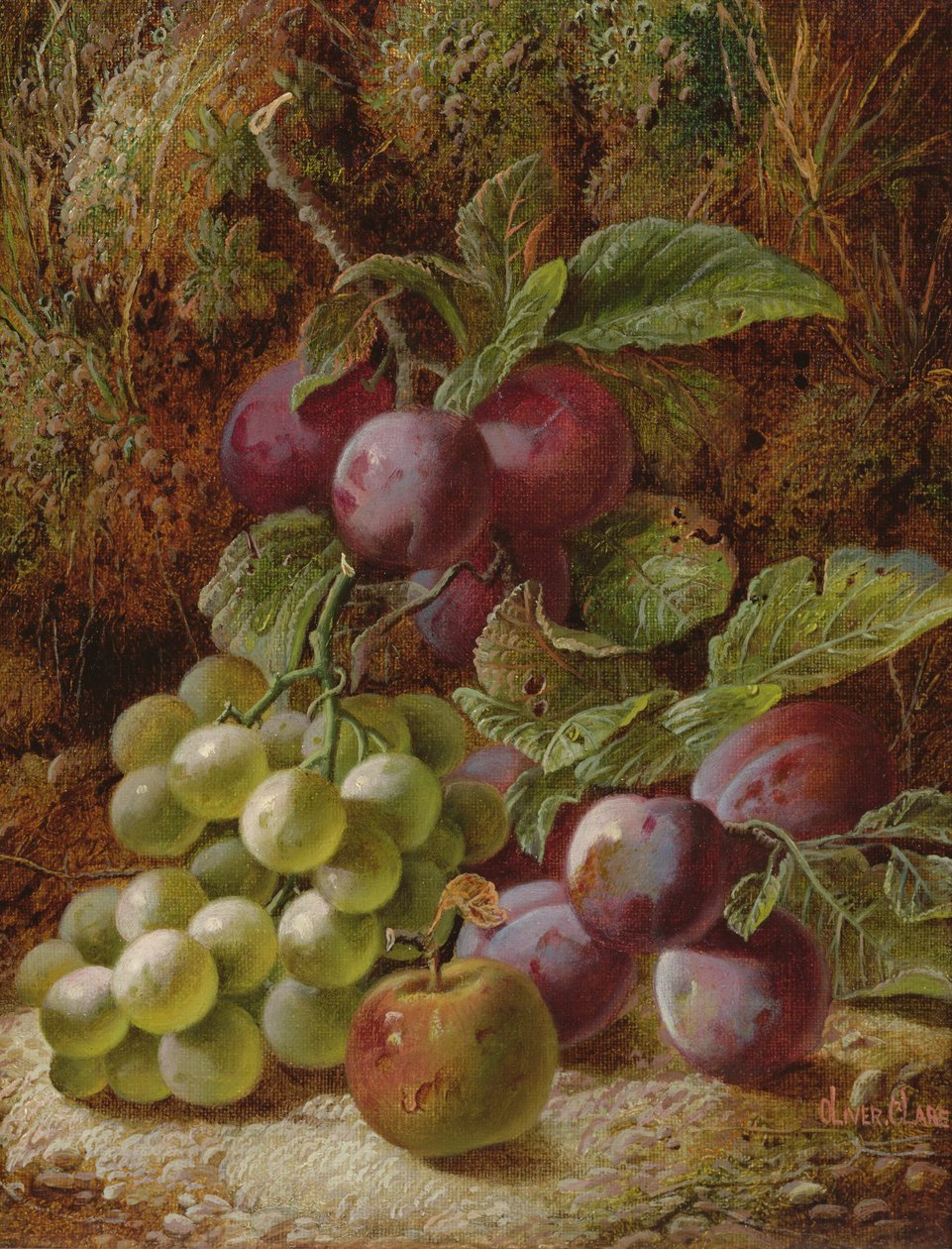 Stilleben med blommer og druer af Oliver Clare