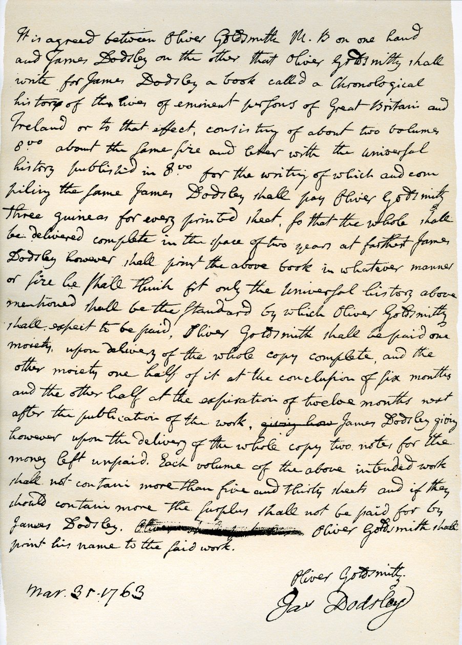 Aftale af Oliver Goldsmith om at skrive for James Dodsley, 31. marts 1763. af Oliver Goldsmith