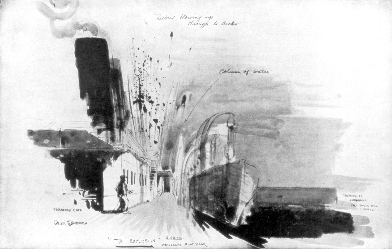 I det øjeblik en torpedo fra den tyske ubåd U-20 ramte RMS Lusitania, 7. maj 1915, 1926 af Oliver Percy Bernard
