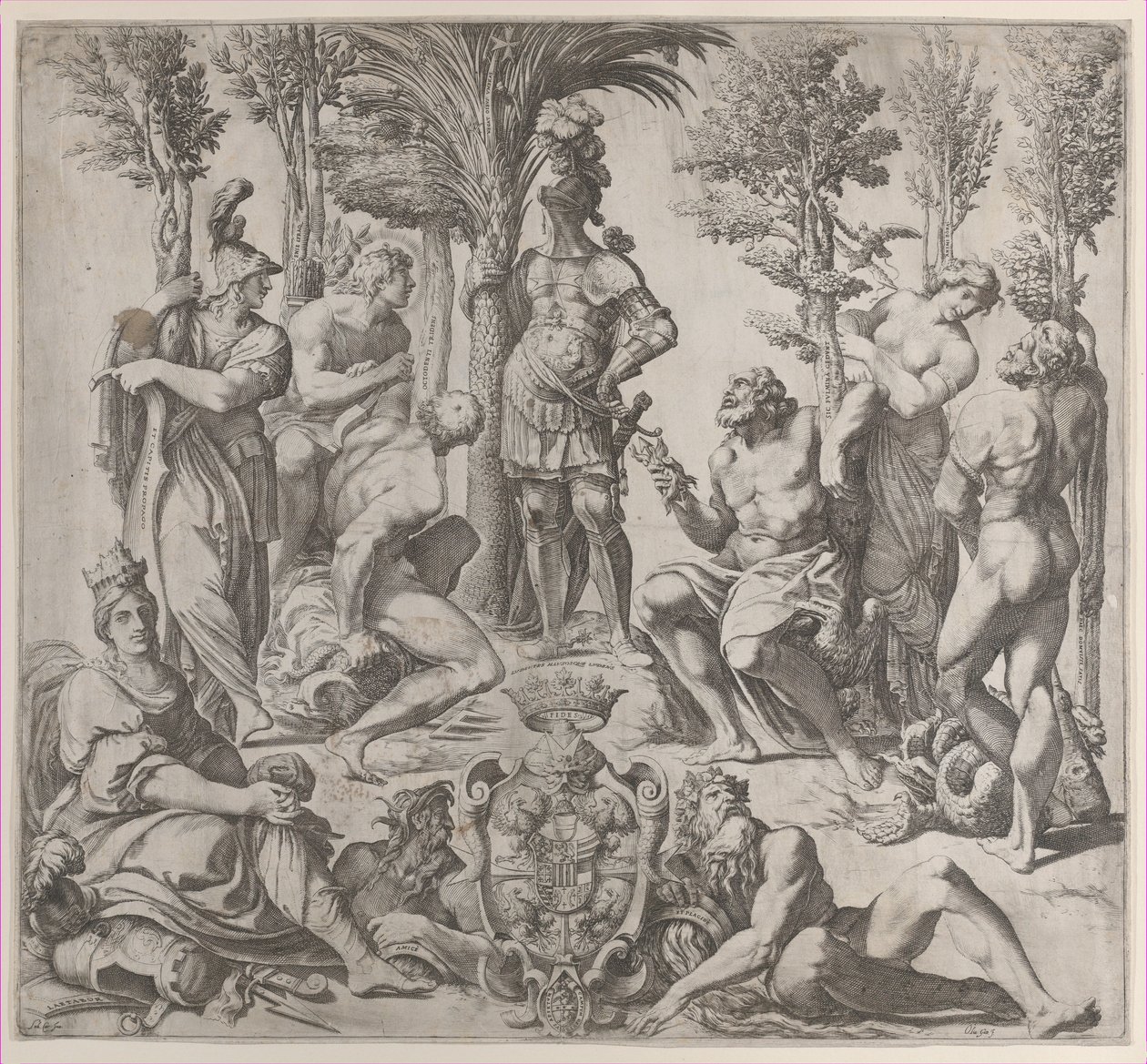 Allegorisk komposition med seks olympiske guder samlet omkring en skikkelse i rustning, 1615-35., 1615-35. af Oliviero Gatti