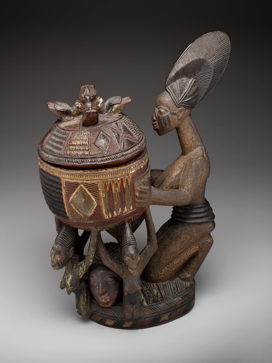 Knælende kvindefigur med skål (olumeye), ca. 1910 til ca. 1938 (træ, pigment og maling) af Olowe of Ise