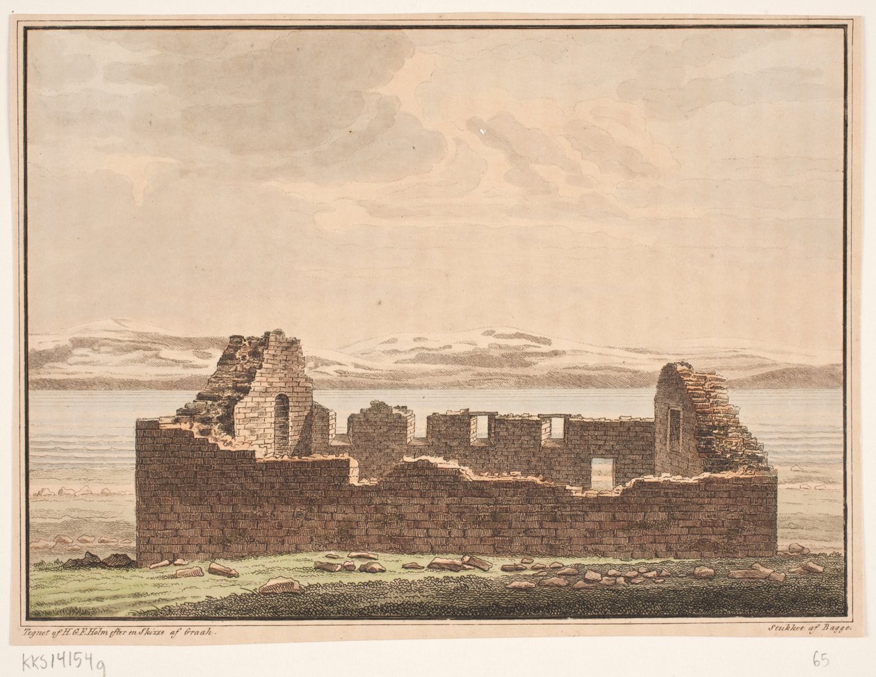 Kirkeruin på Grønland. Illustration til W.A. Graah. Undersøgelsesrejse til østkysten af Grønland af Oluf Olufsen Bagge