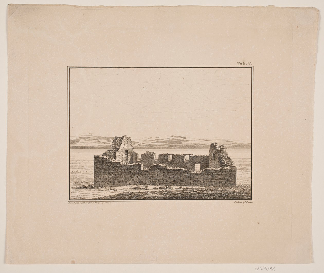 Kirkeruin på Grønland. Illustration til W.A. Graah. Undersøgelsesrejse til østkysten af Grønland af Oluf Olufsen Bagge