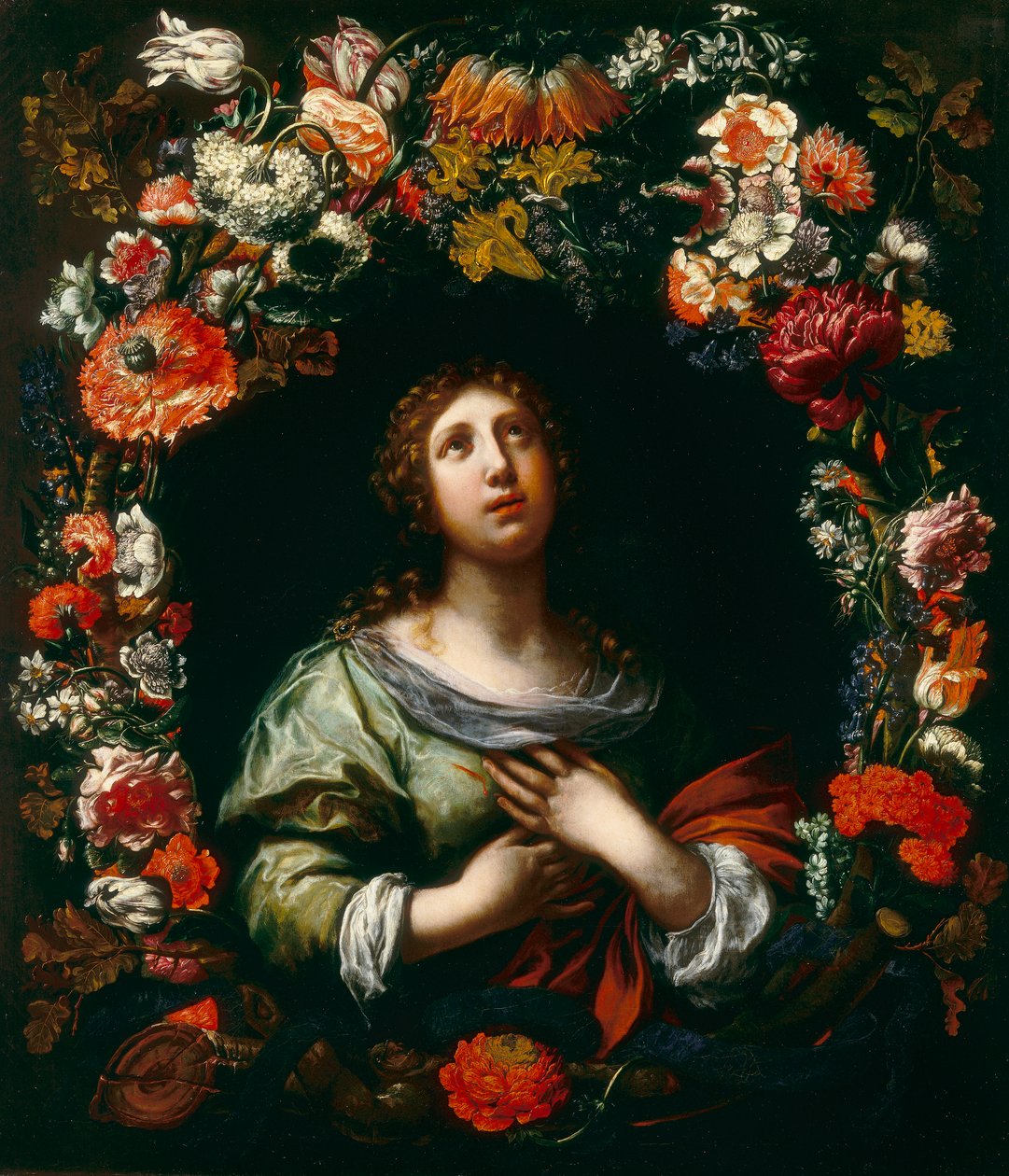 Saint Agatha dukker op fra en blomsterkrans af Onorio and Scacciati Marinari