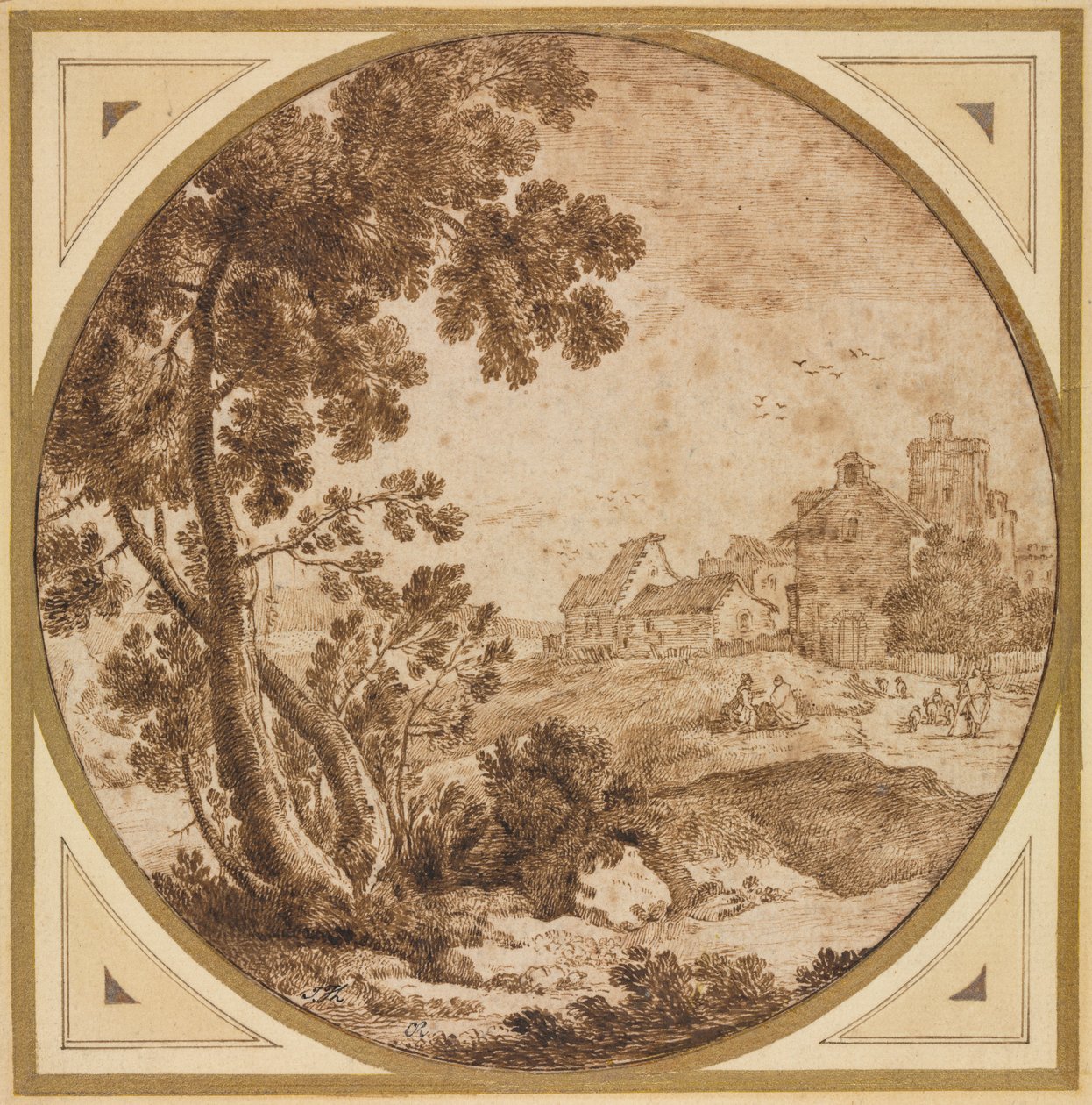 Landskab med bygninger og figurer, anden halvdel 1600-tallet. af Onorio Marinari
