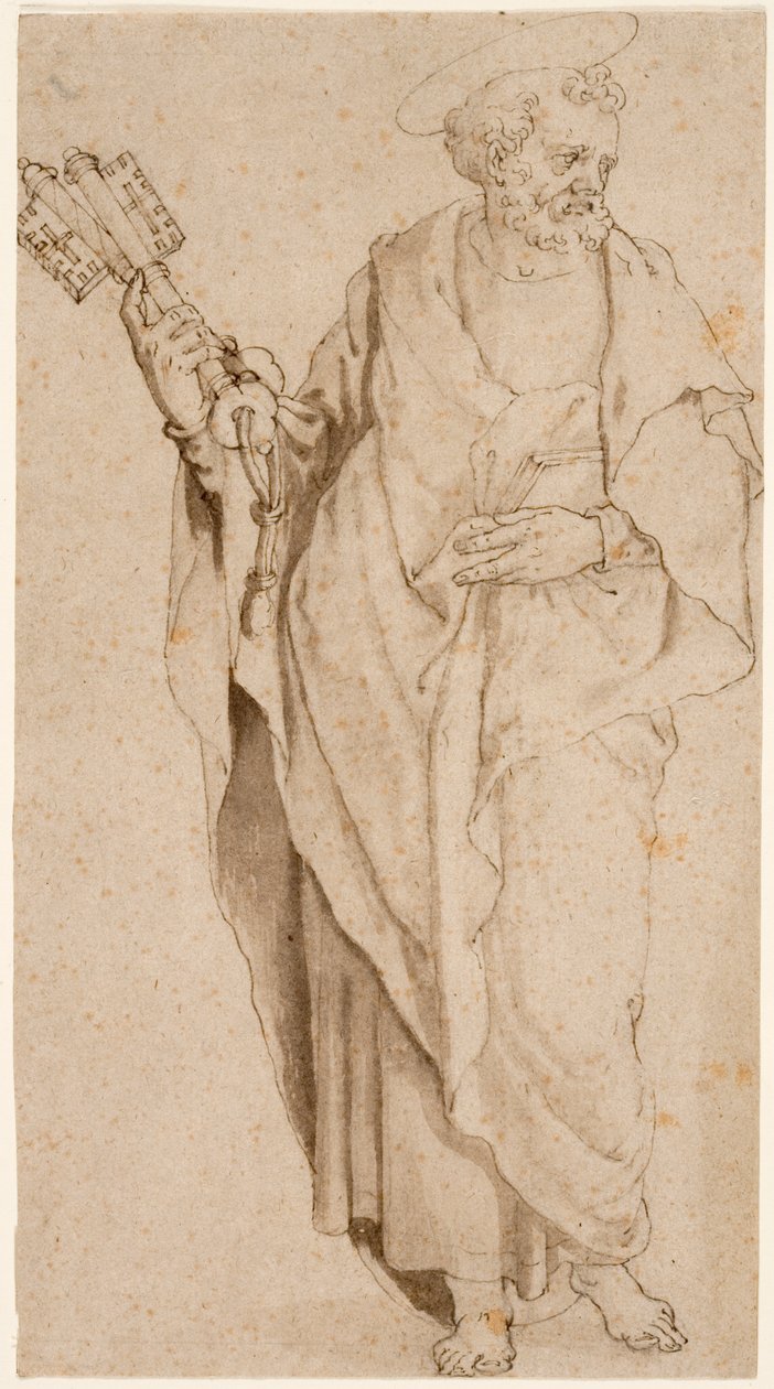 St. Peter, ca. 1575 (pen & brun blæk og vask med kridt på papir) af Orazio Samacchini
