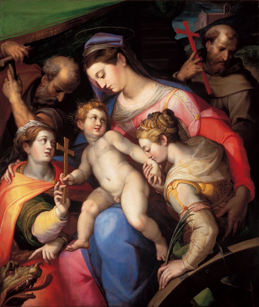 Den hellige familie, med St. Catherine af Alexandria, St. Margaret af Antiochia og St. Francis af Assisi af Orazio Samacchini