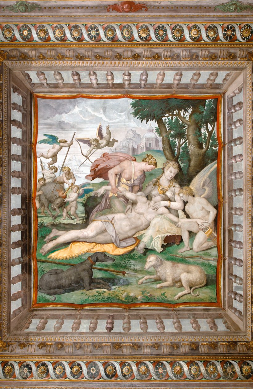 Adonis død fra loftet i Adonis værelse, Rocca dei Rossi, San Secondo, Parma, Italien, detalje fra 2384731 af Orazio (attr.to) Samacchini