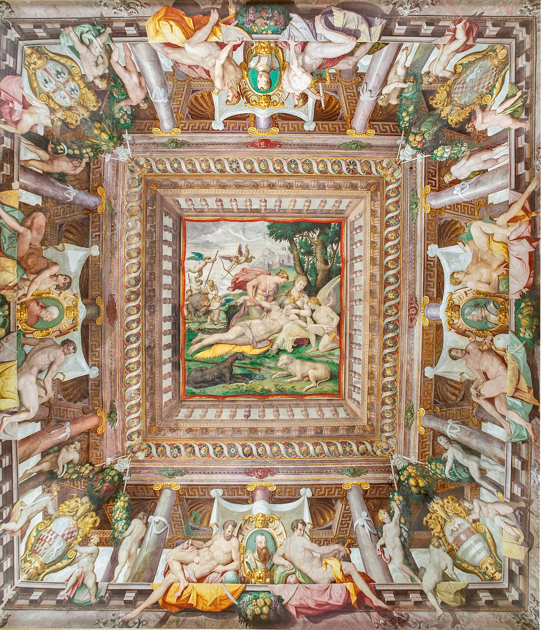 Udsigt over loftet i Adonis-værelset og mindestenene for familiemedlemmerne Rossi, Gonzaga, Riario og Medici, Rocca dei Rossi, San Secondo, Parma, Italien af Orazio (attr.to) Samacchini