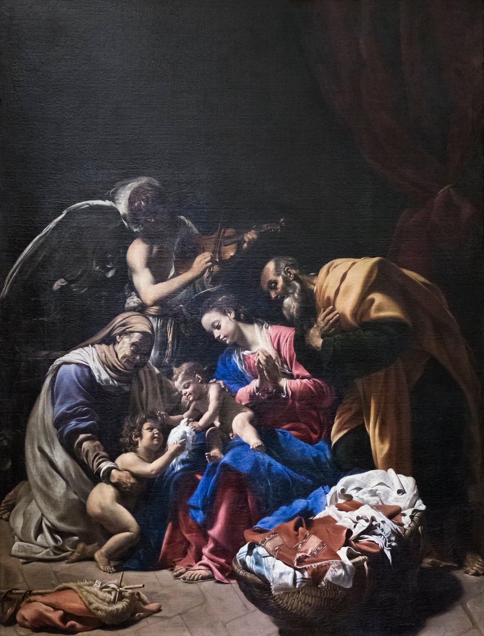 Hellig familie med Saint Elizabeth, Saint John the Baptist og en engel af Orazio Borgianni