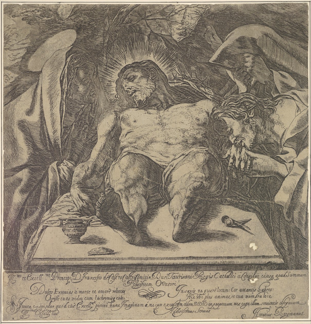 Klagesang over Kristi legeme af de tre Marias, en krukke med salve på bordet til ..., 1615. af Orazio Borgianni
