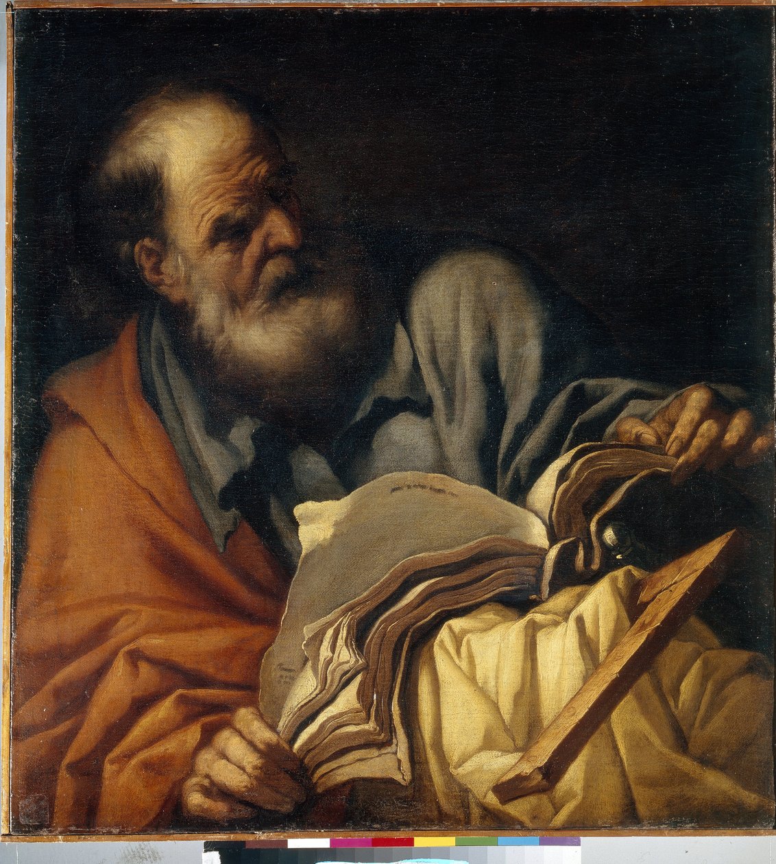 Sankt Thomas, apostel. (Apostelen Sankt Thomas). Maleri af Orazio Borgianni (1578-1616), olie på lærred, italiensk kunst (Rom) af Orazio Borgianni